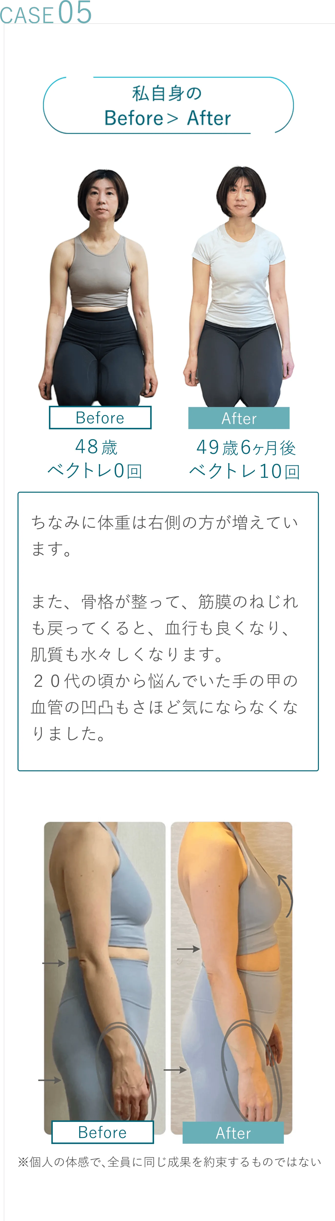 私自身のBefore/After 48歳ベクトレ0回 49歳6ヶ月後ベクトレ10回 ちなみに体重は右側の方が増えています。また、骨格が整って、筋膜のねじれも戻ってくると、血行も良くなり、肌質も水々しくなります。２０代の頃から悩んでいた手の甲の血管の凹凸もさほど気にならなくなりました。 Before写真 After写真 ※個人の体感で、全員に同じ成果を約束するものではない